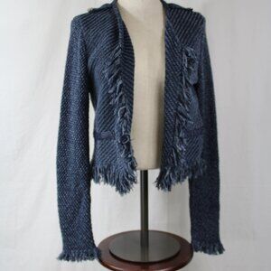 White House Black Market ($118) Navy Knubby Fringe Cardigan Sweater Jacket Sz M